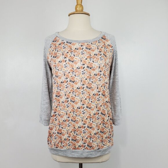 Wonderland by Orange Mixed Media Floral Front Ribbed Pullover Knit Top Size M - Picture 1 of 12